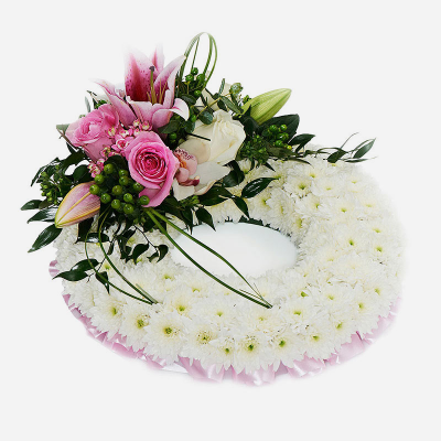 Pink Massed Wreath - Beautiful subtle pinks suitable for a funeral. 12" £60 /14" £70 16" £85 
